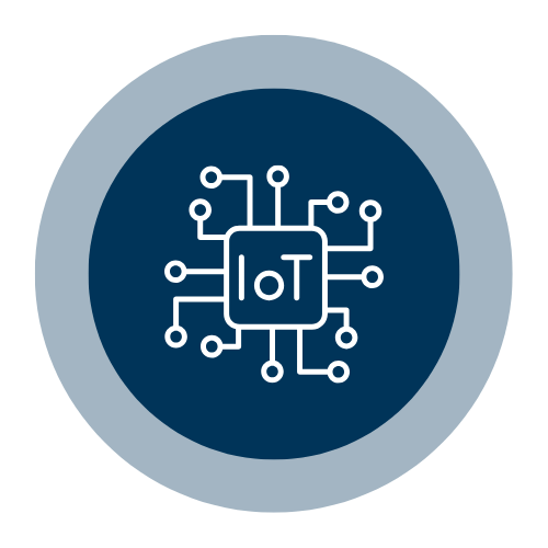 IoT circuit board icon on a dark blue circular background.