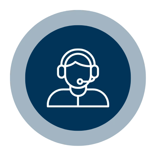 Customer support headset icon on a dark blue circular background.