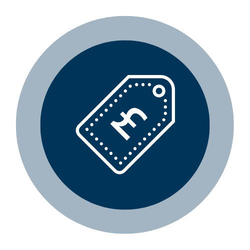 Price tag icon with a pound symbol on a dark blue circular background.