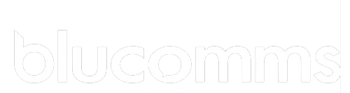 Blucomms logo in white text with a transparent background.