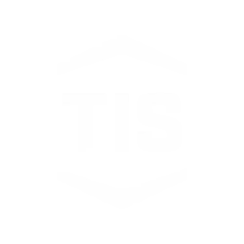 TIS logo featuring bold white text "TIS" enclosed in a hexagonal shape on a black background.